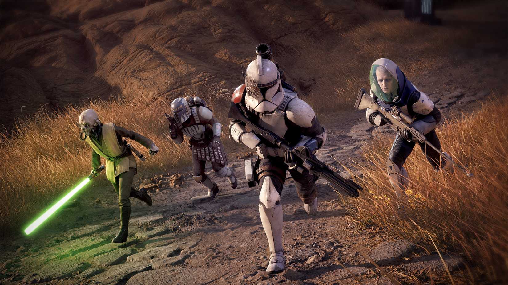 Clone trooper trick leading Umbaran sniper Luco, Mandalorian bounty hunter Cly, and Jedi Padawan Tel-Rea into battle.