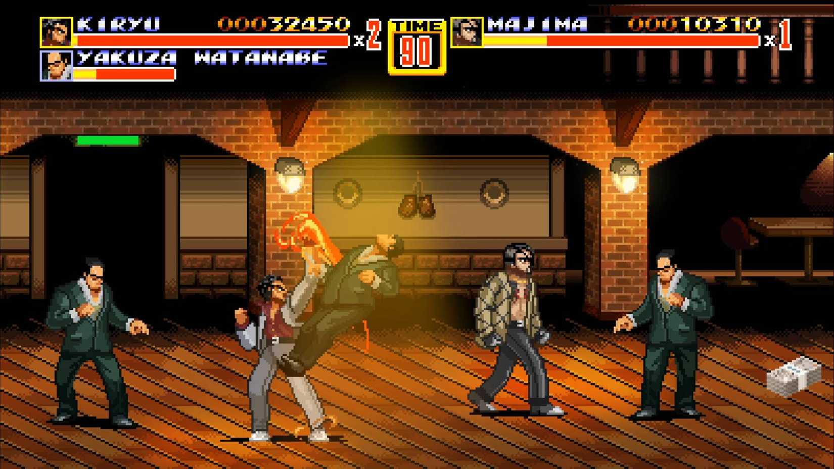 Majima and Kiryu kicking enemies in Streets of Kamurocho.
