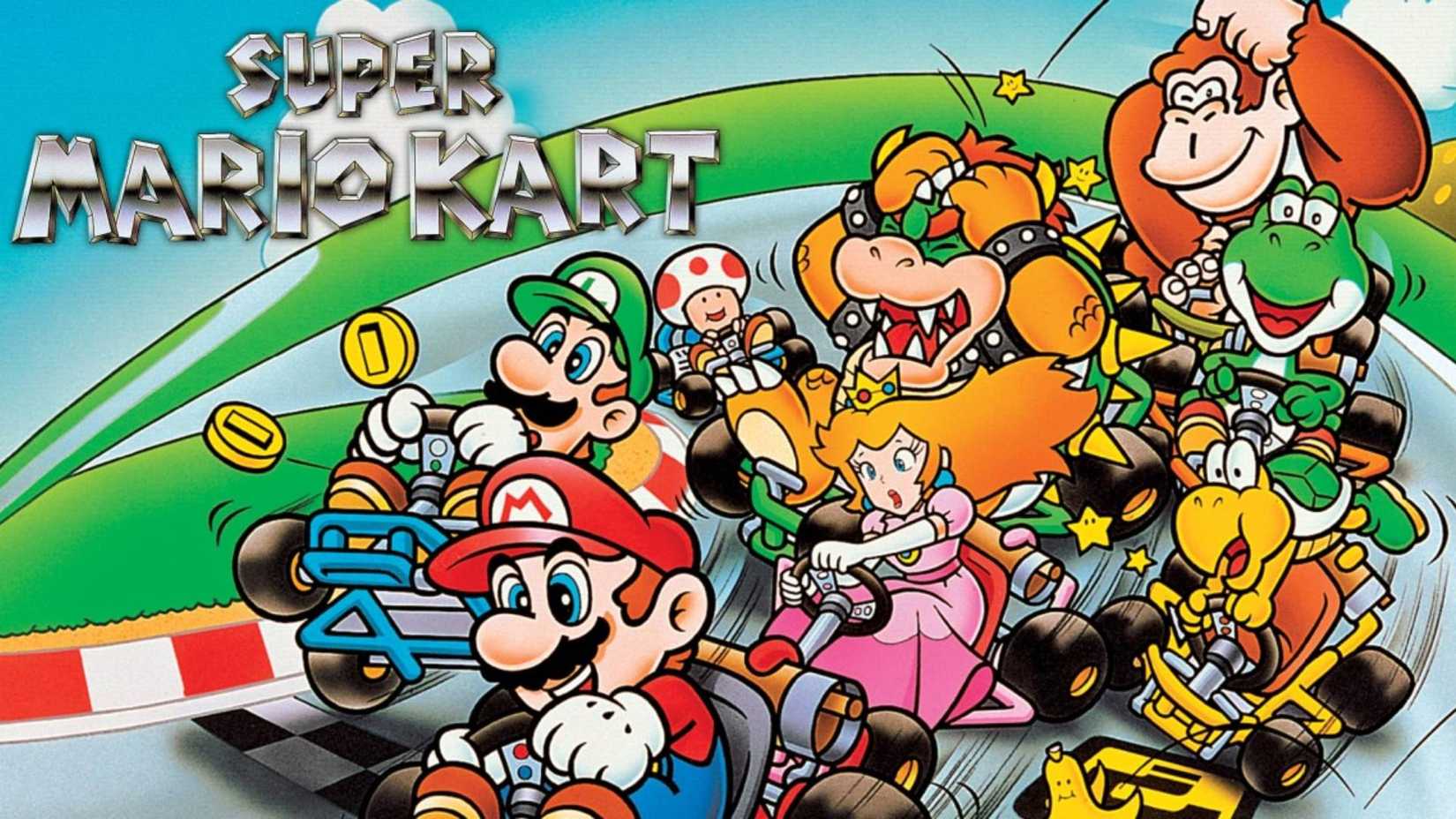 A selection of Mario characters in karts in the Super Mario Kart key art.