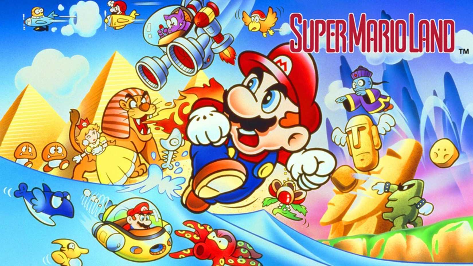 The key art for Super Mario Land featuring Mario running from a series of cartoon characters.