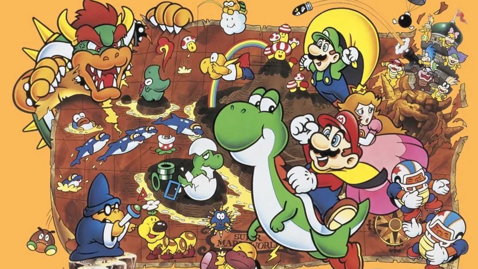 Mario riding Yoshi in Super Mario World's key art.