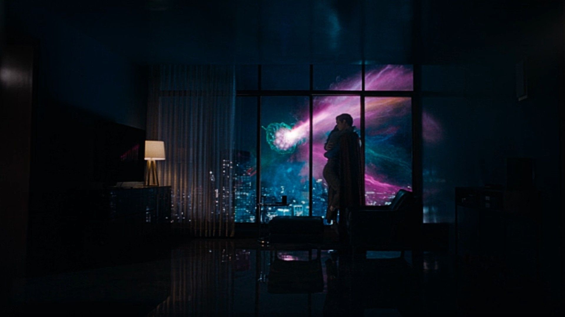 Superman and Lois hug in Clark Kent's apartment in Superman 2025.