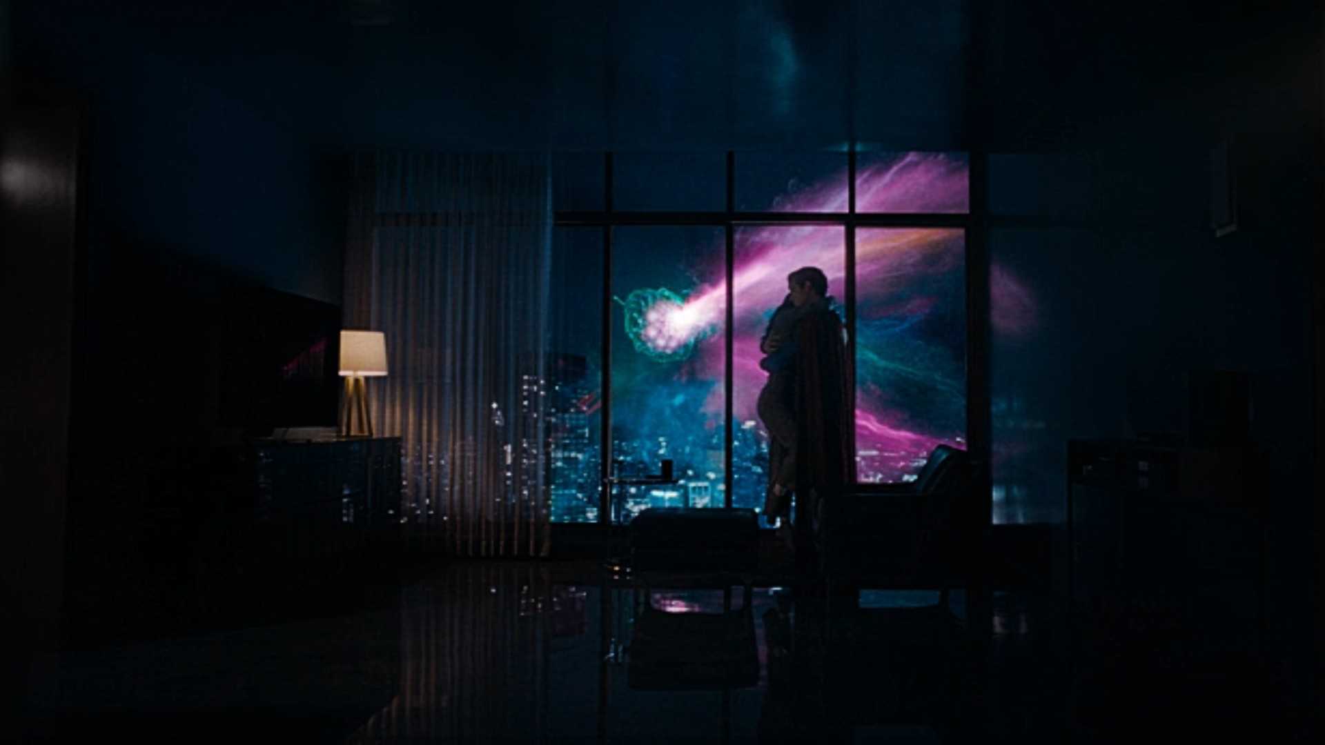 Superman and Lois hug in Clark Kent's apartment in Superman 2025.