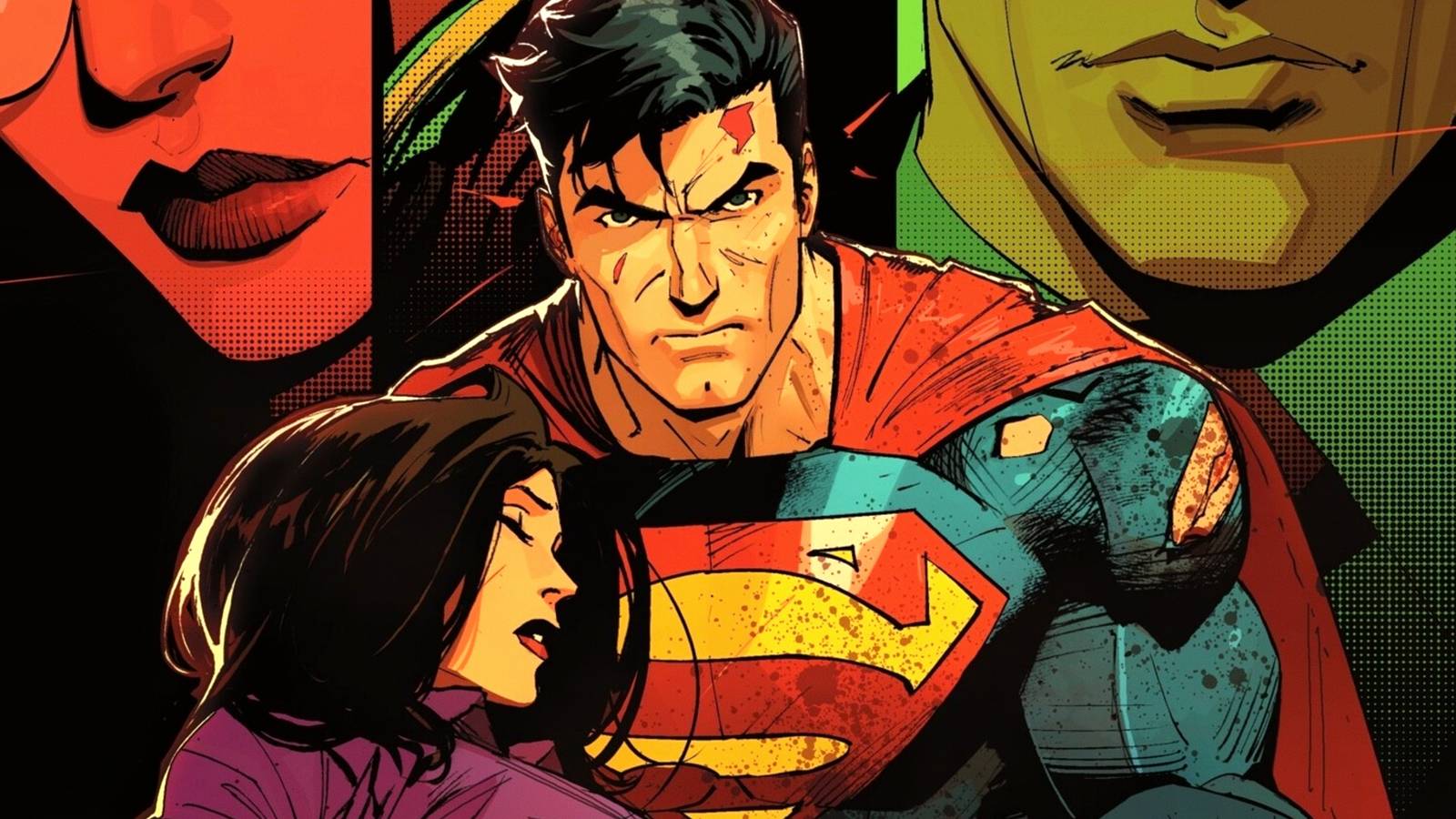 Superman holds an injured Lois Lane in his arms in DC Comics cover