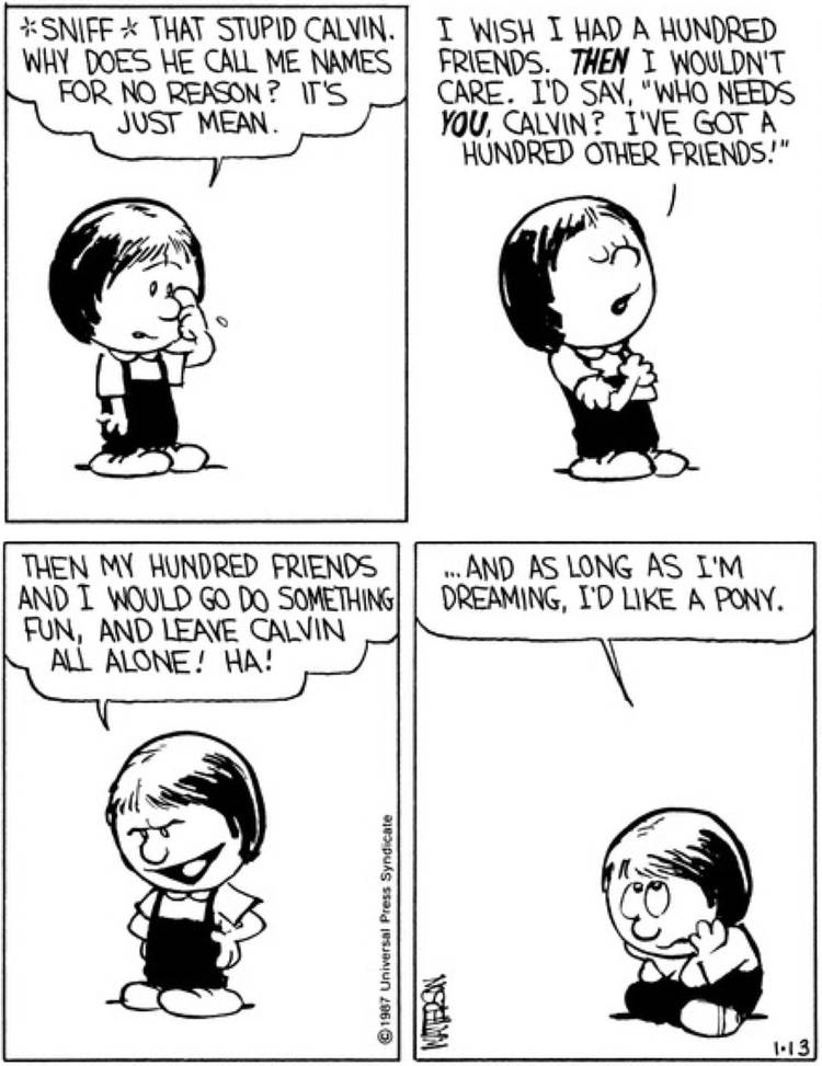 Susie Derkins wishes she had more friends in Calvin and Hobbes