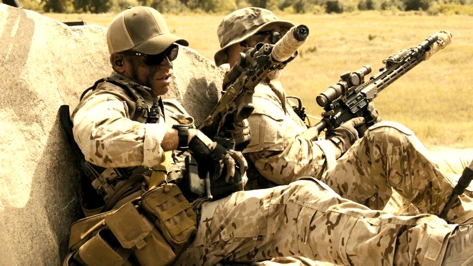 Taylor Sheridan and other guy in military gear in Lioness