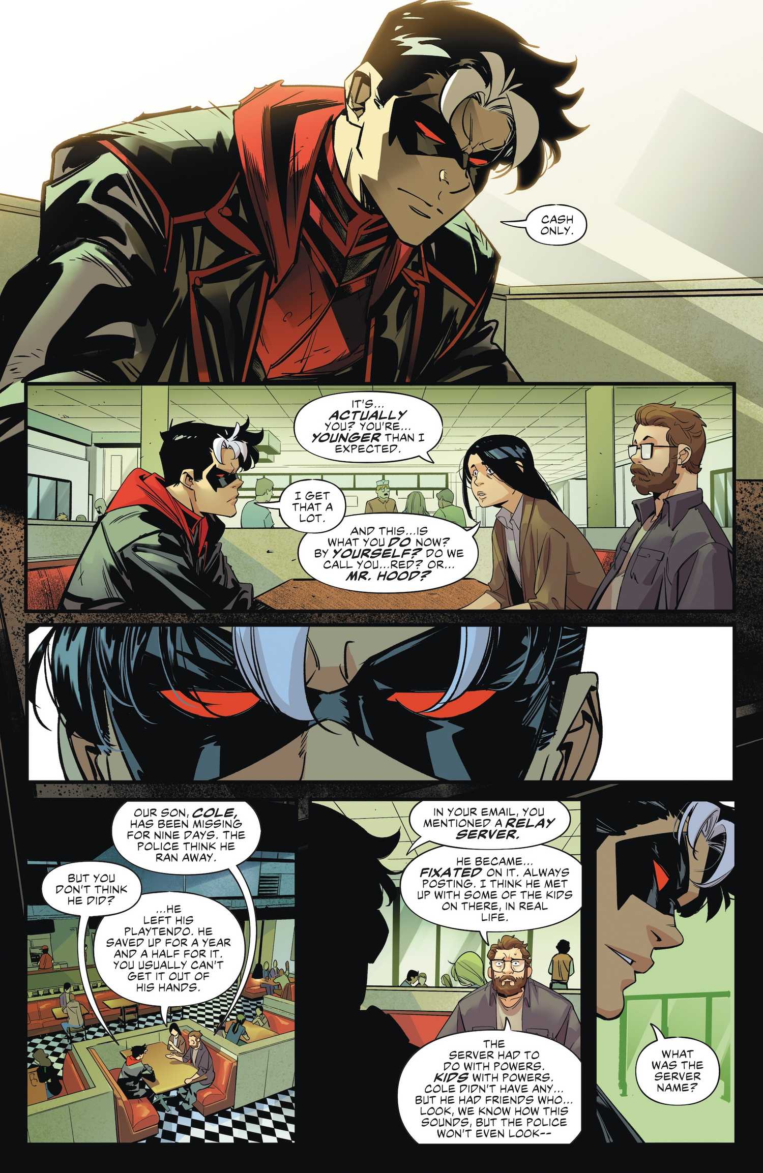 Comic book panels of Red Hood meeting with parents about their missing son.