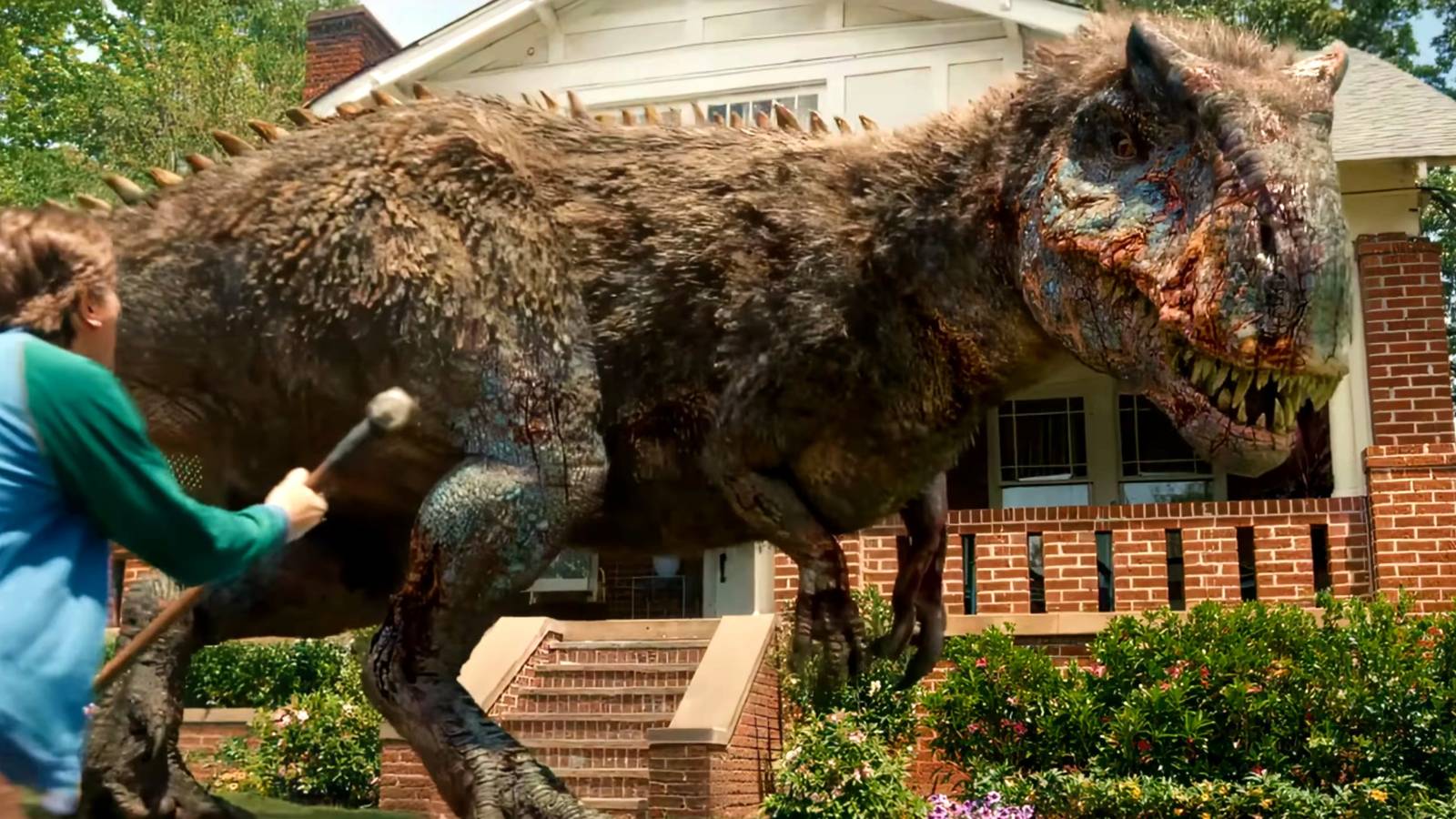 The Allosaurus in The End of Oak Street looking at Ewan McGregor