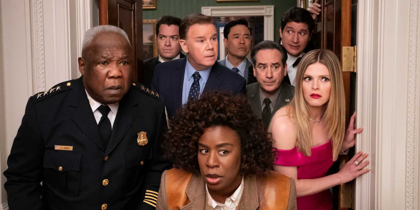 The cast of Netflix's The Residence lurking in a doorway 