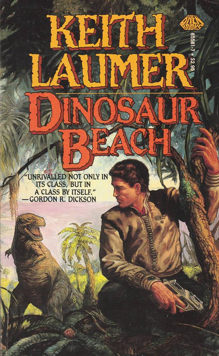 The cover of Dinosaur Beach by Kieth Laumer shows a man by a tree looking over his shoulder at a t-rex