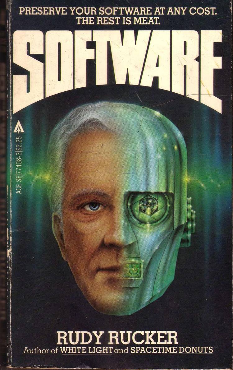 The cover of Software by Rudy Rucker shows half of a man's face and half of a robot's face