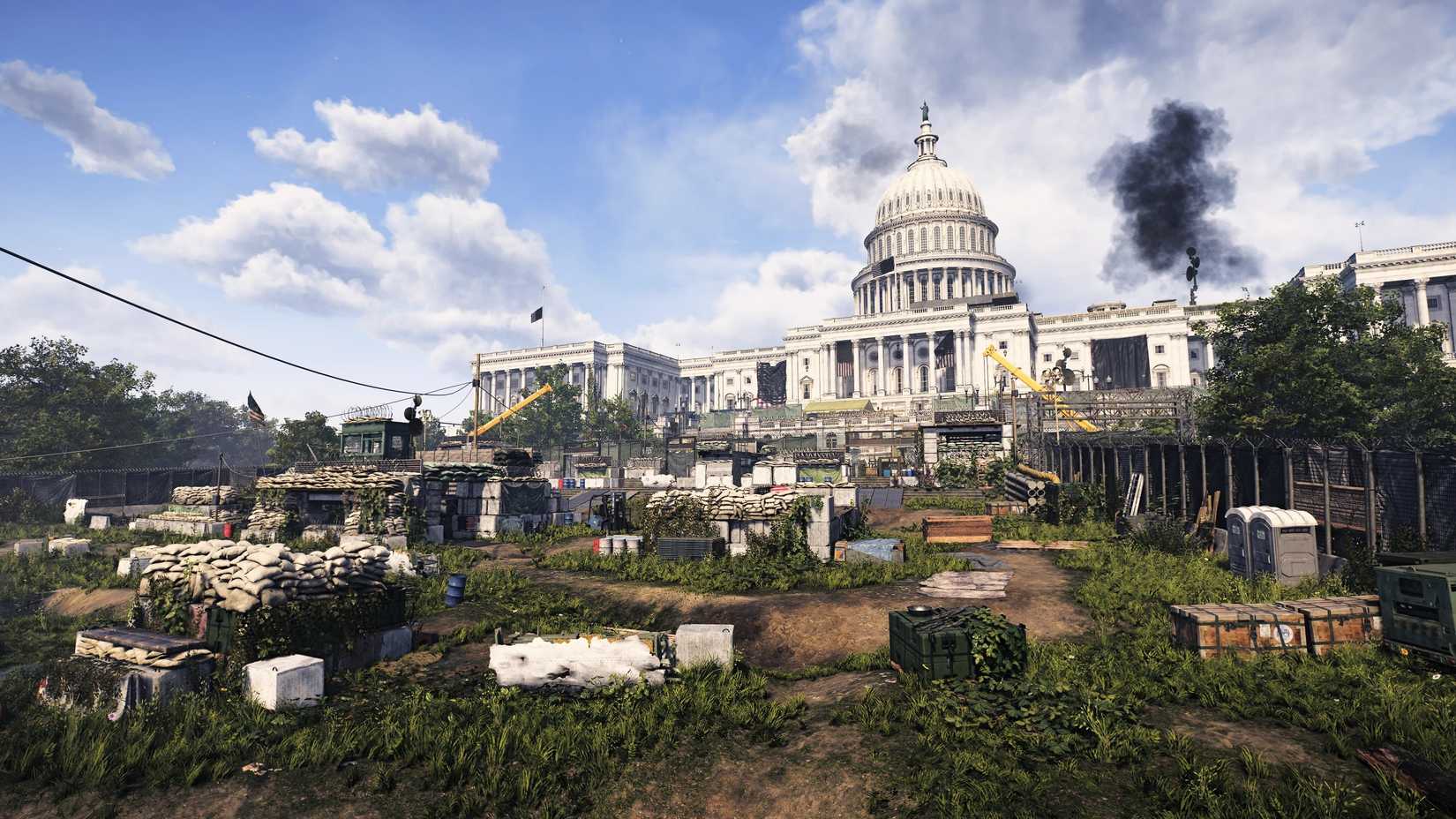 The United States Capitol Building in The Division 2, with various barriers and fences on the front lawn.