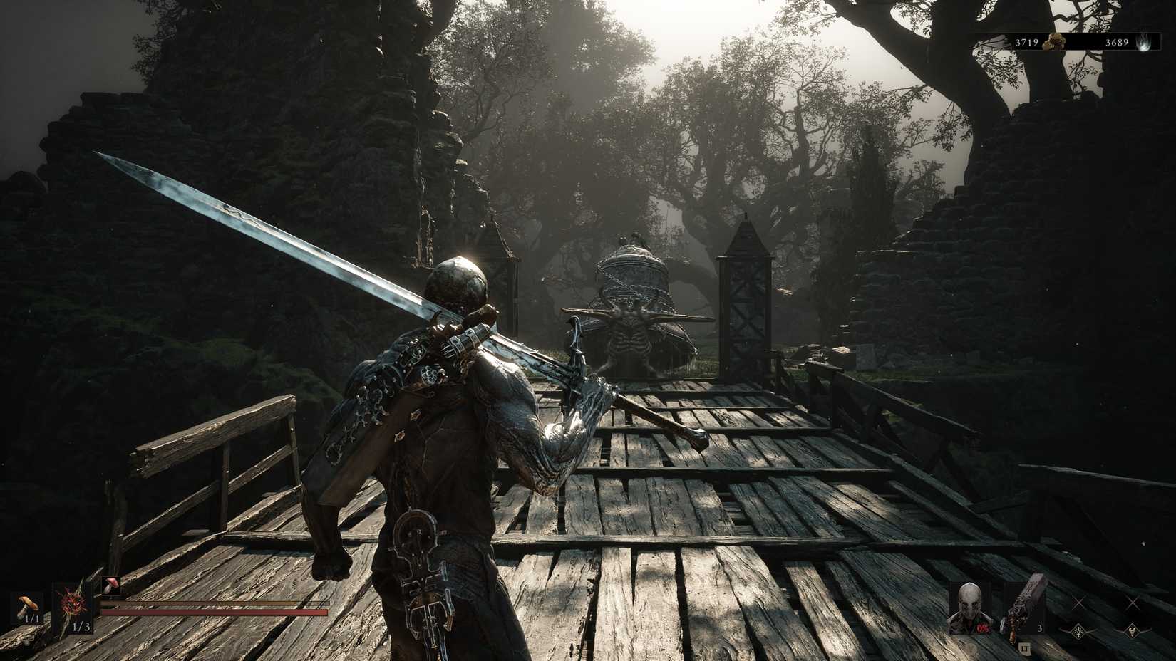 The Harbinger approaches a Bell Snail across a wooden bridge with sword in hand in Mortal Shell II