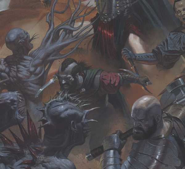The Godslayers, including Veikko Al Mun and Jorunn, fight a horde of monsters.