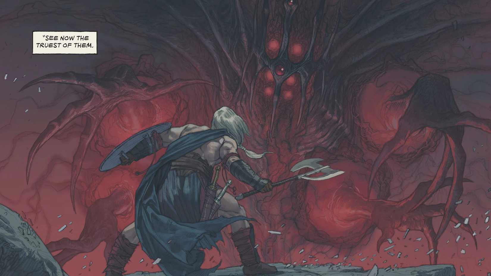 The gladiator Eyvindr faces the six-eyed monster Mol Uhltep.
