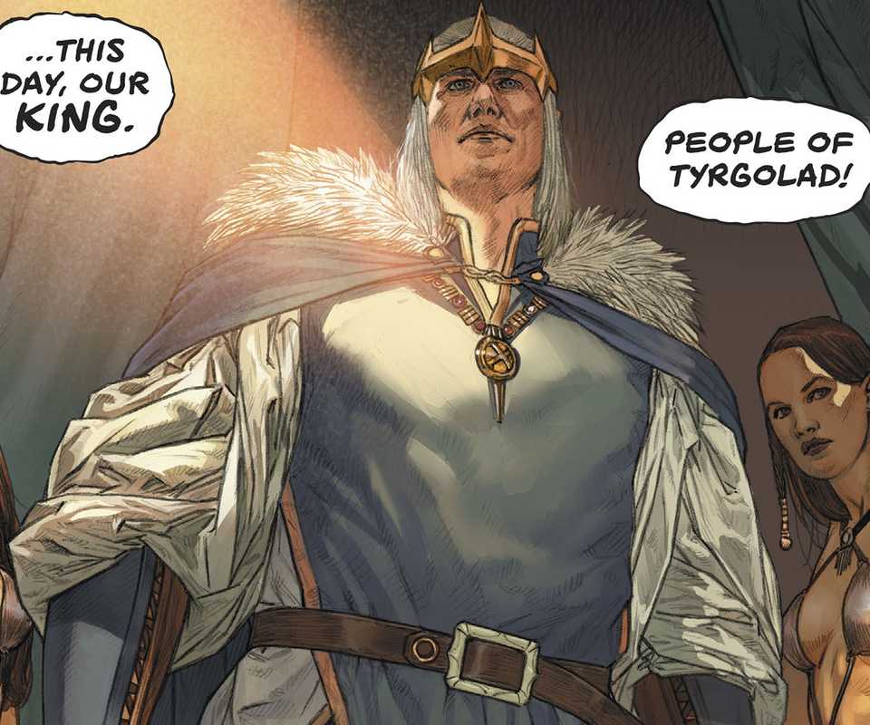 King Tyr in a fur cloak addresses a crowd flanked by two Aelvan attendants.