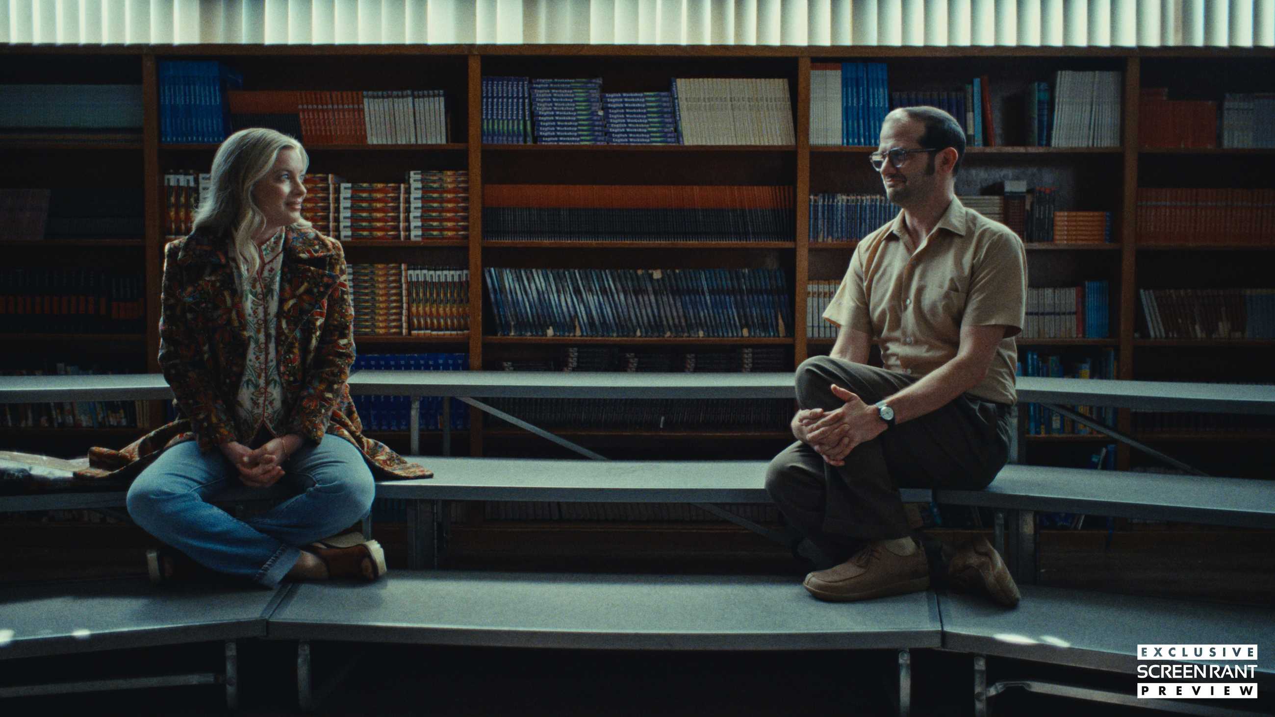 Gillian Jacobs and Will Brill sitting an awkward distance apart in The Musical