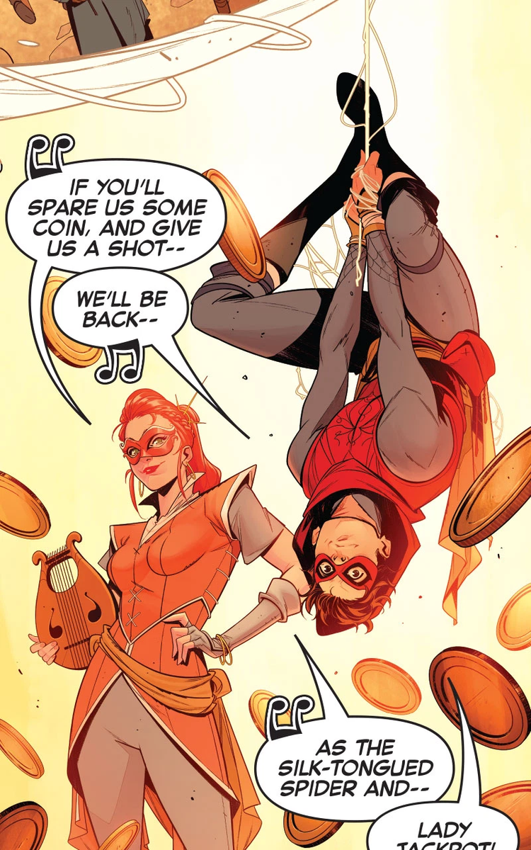The Silk-Tongued Spider-Man and Lady Jackpot introduce themselves in Marvel's Realmguard Infinity Comic
