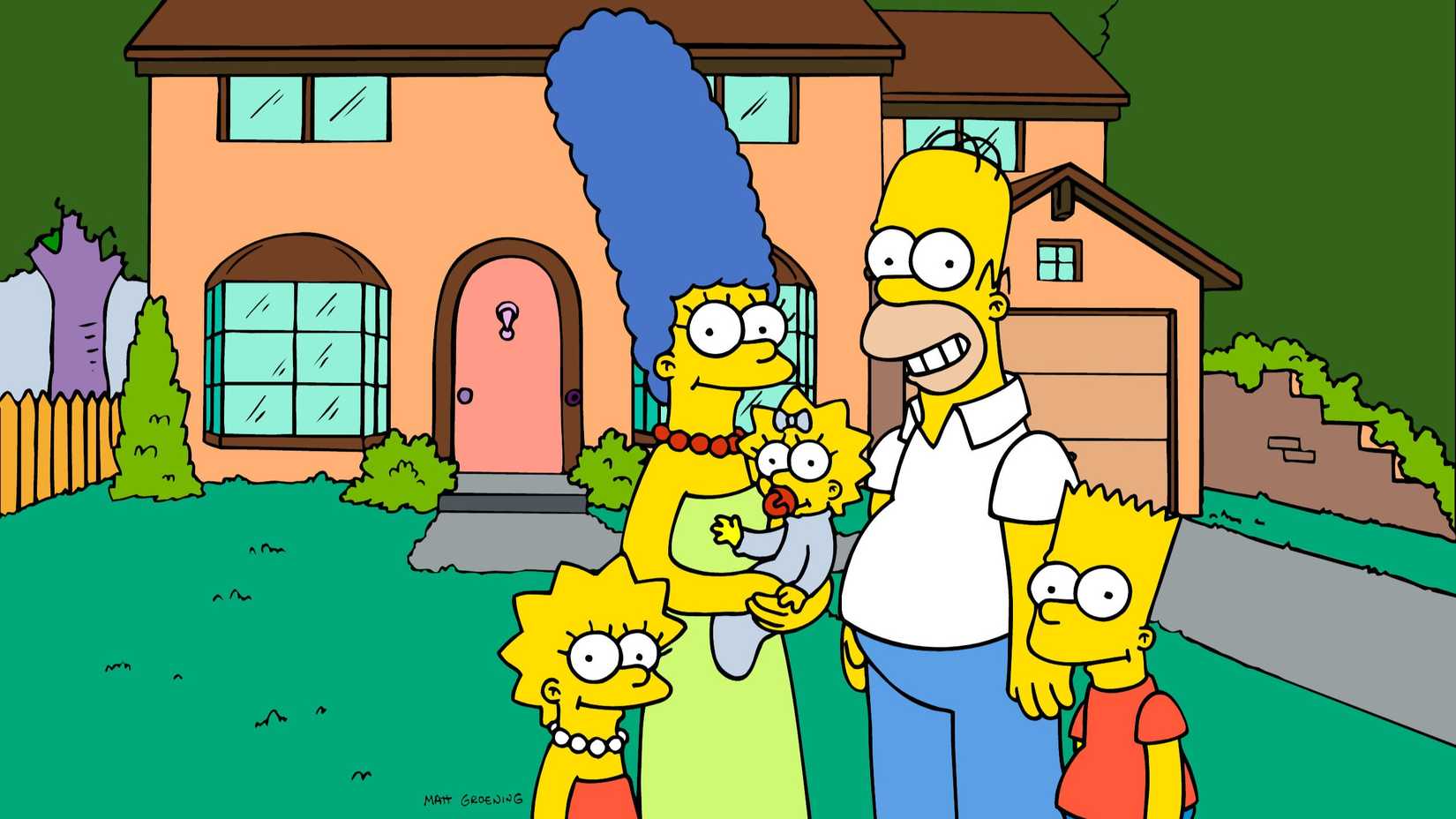 Homer, Marge, Bart, Lisa and Maggie in front of their family home in The Simpsons