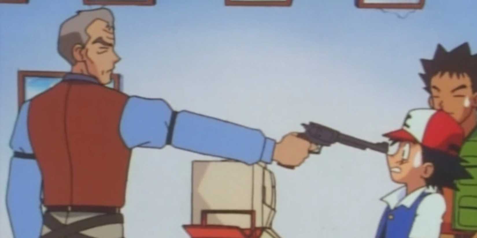 The Warden aiming a firearm at Ash in Pokemon