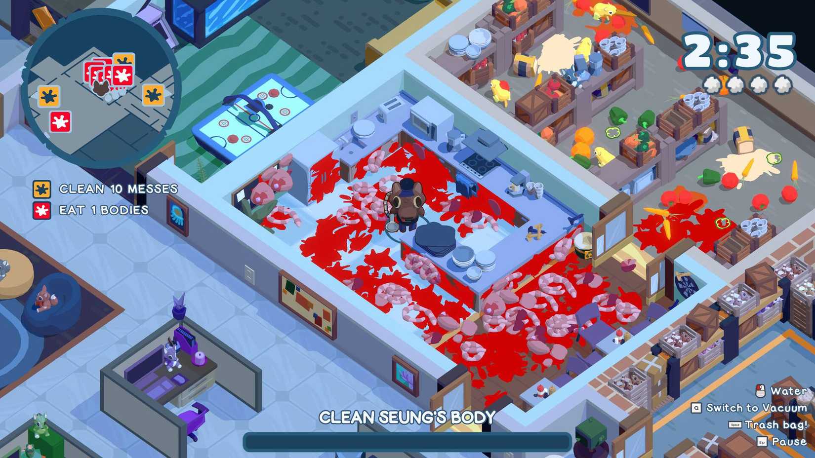 The player holding a vacuum cleaner while surrounded by blood in The WereCleaner.