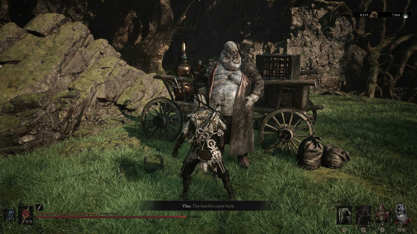 Tiel meets with Vlas by his moonshine cart in Mortal Shell II