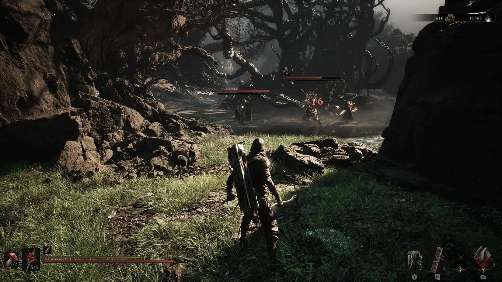 Tiel watches as a group of enemies fight a large tree monster in a corrupted bog in Mortal Shell II