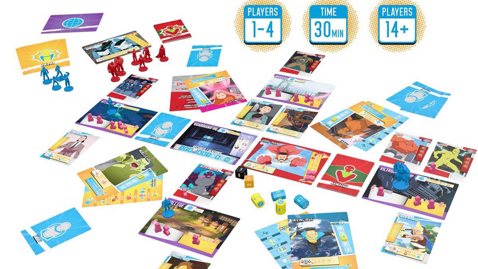 All of the components for the Tiny Epic Invincible game laid out.