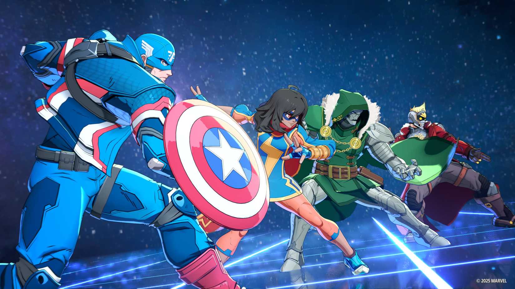 Marvel Tokon Fighting Souls Captain America with Ms Marvel, Doctor Doom, and Star-Lord team for assemble super