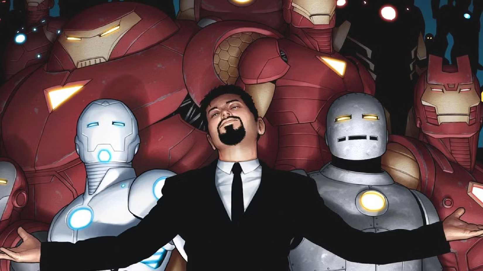 tony stark and various iron man armors