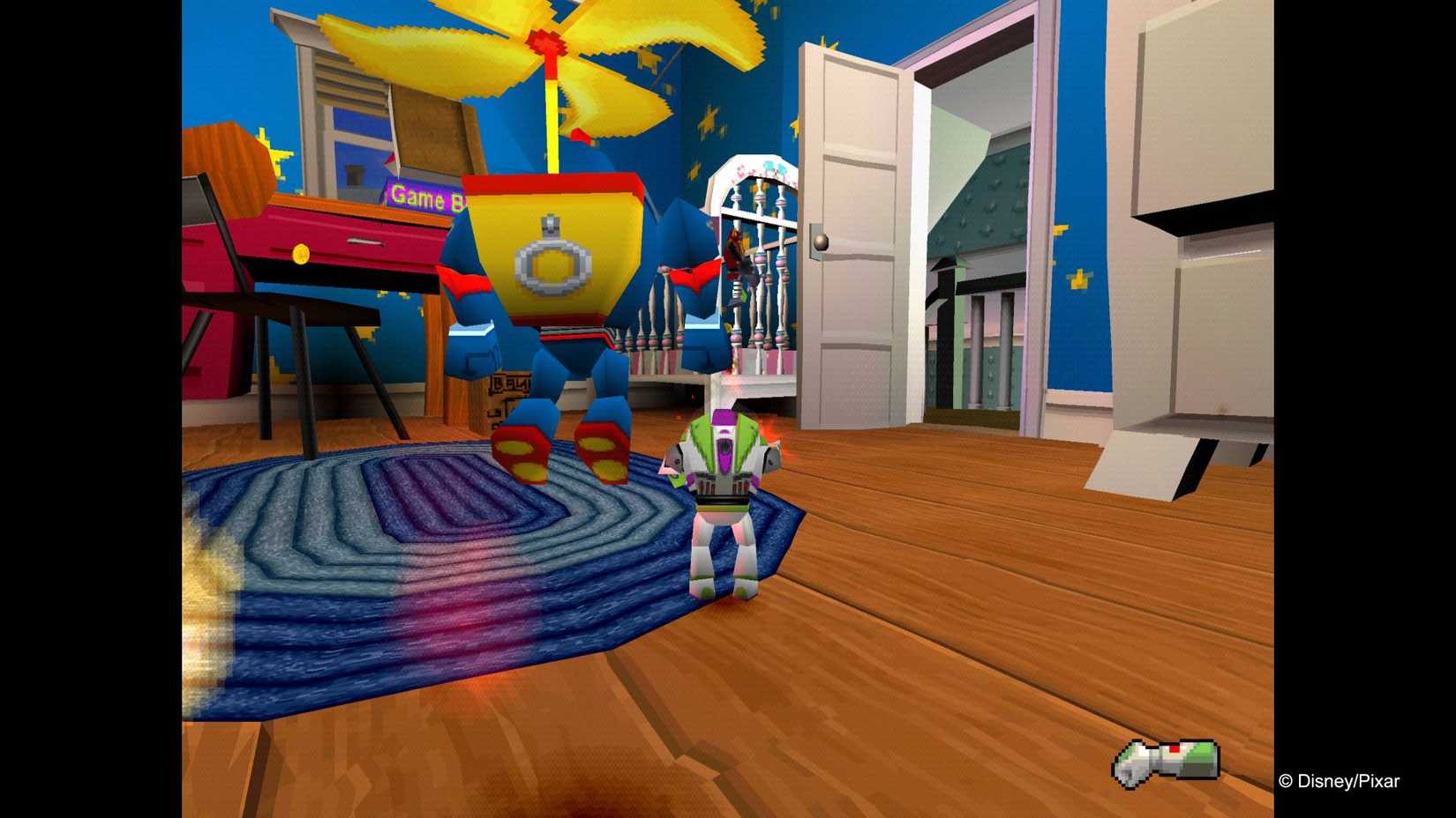 Buzz Lightyear running through Andy's bedroom in Toy Story 2 Buzz Lightyear to the Rescue.