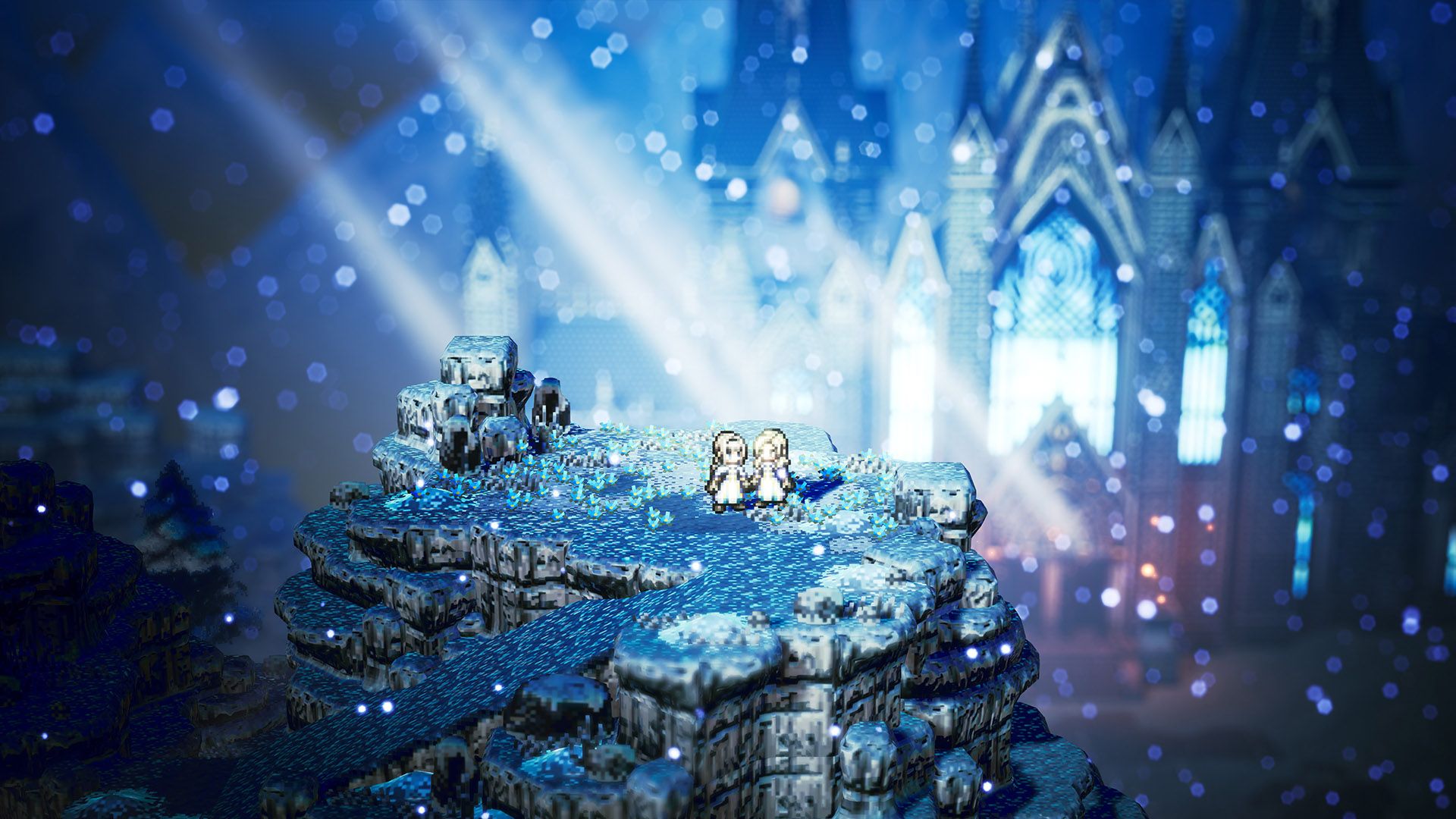 Ophilia and Lianna overlook Flamesgrace from a snowy mountain in Octopath Traveler.