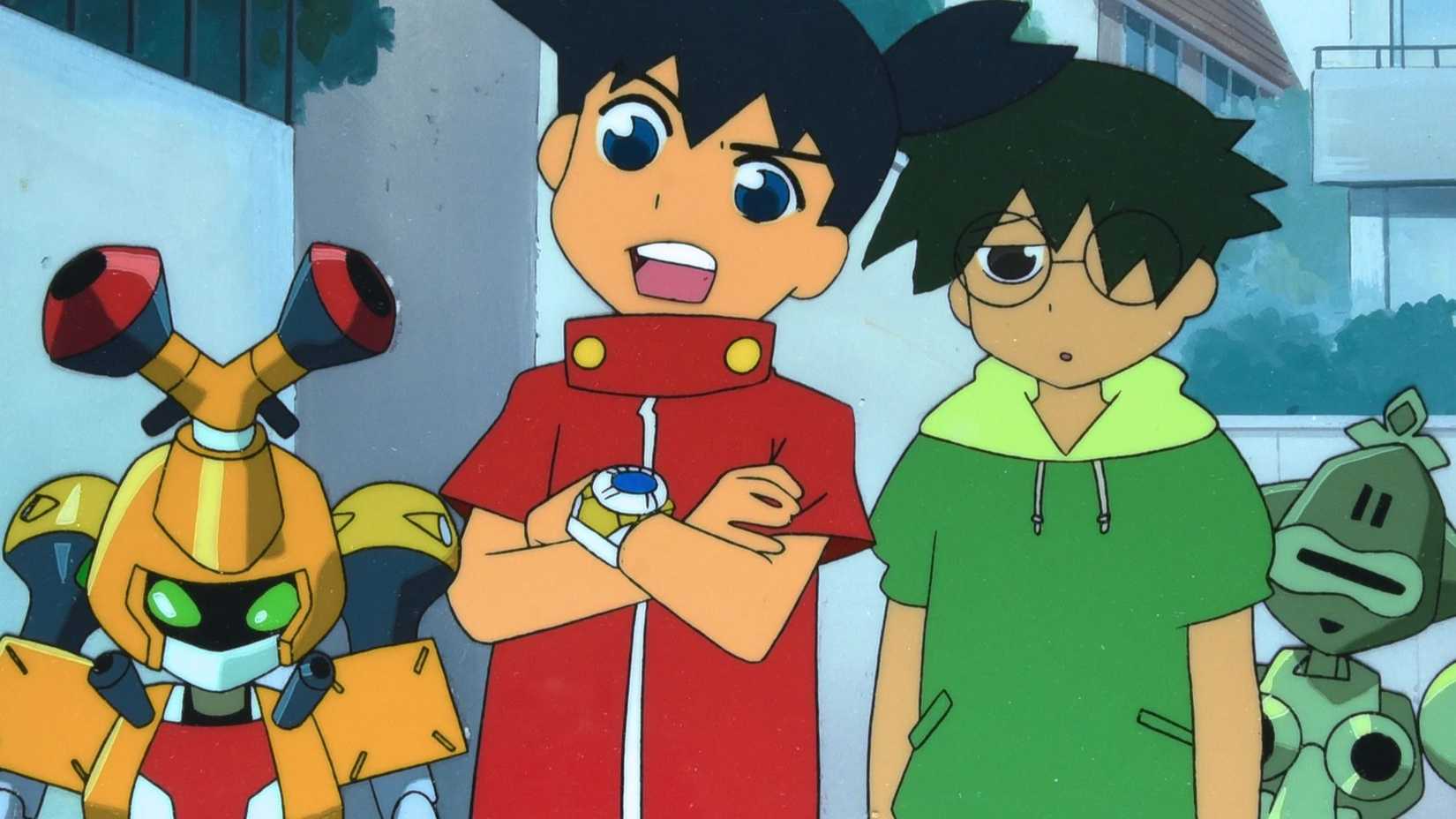 Two characters looking confused with their robots in Medabot.
