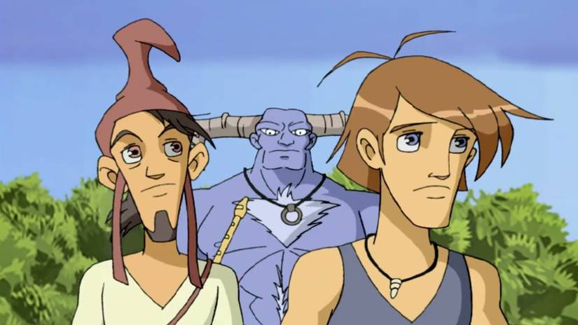 Two sailors with a Greek god behind them in Mission Odyssey.