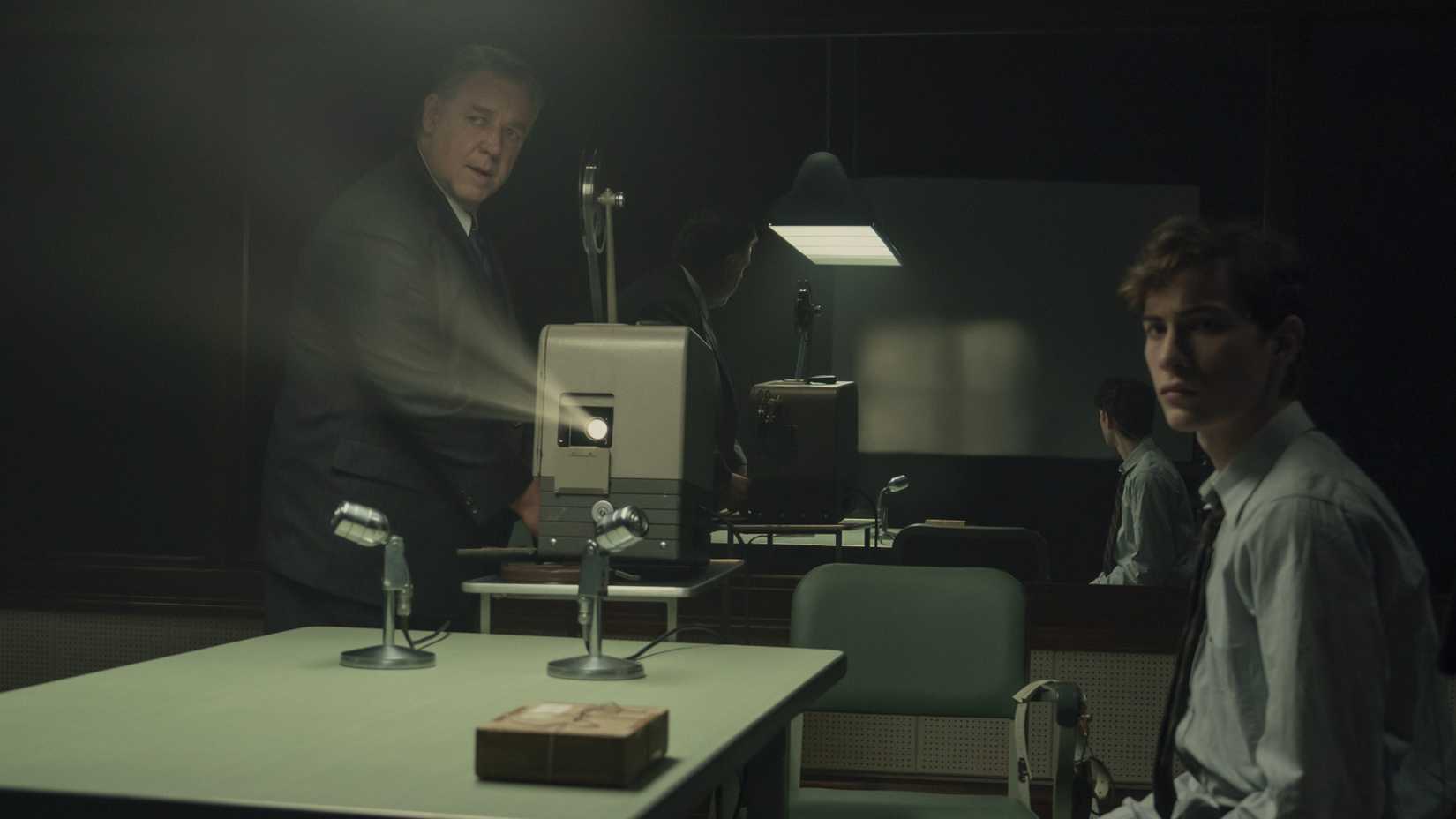Russell Crowe as Henry Murray and Jacob Tremblay as Ted Kaczynski in Netflix's Unabomber (2026)
