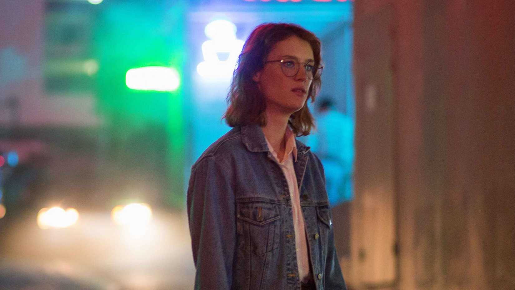 Yorkie wearing a denim jacket in San Junipero