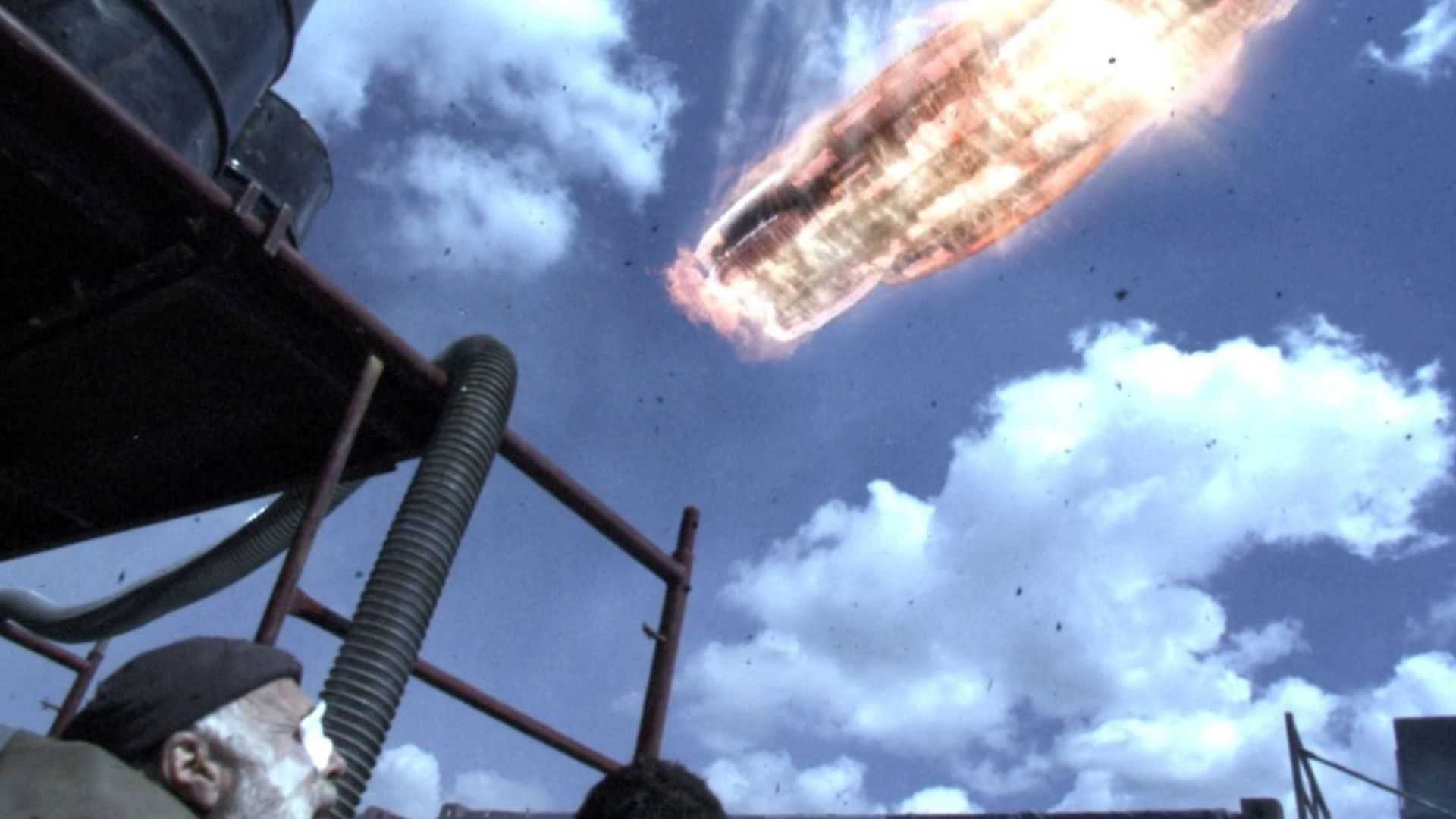 A still from the moment of The Adama Maneuver in Battlestar Galactica