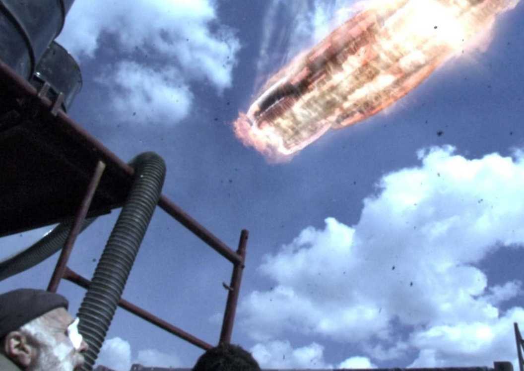 A still from the moment of The Adama Maneuver in Battlestar Galactica