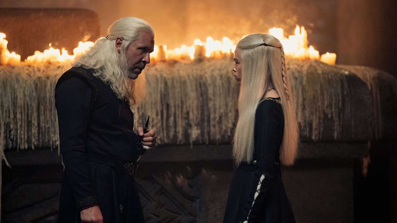 Viserys (Paddy Considine) speaking with Rhaenyra (Milly Alcock) in House of the Dragon season 1 episode 1