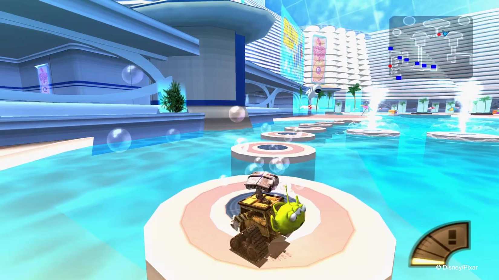 WALL-E standing on a platform in a pool in the PS2 version of the game.