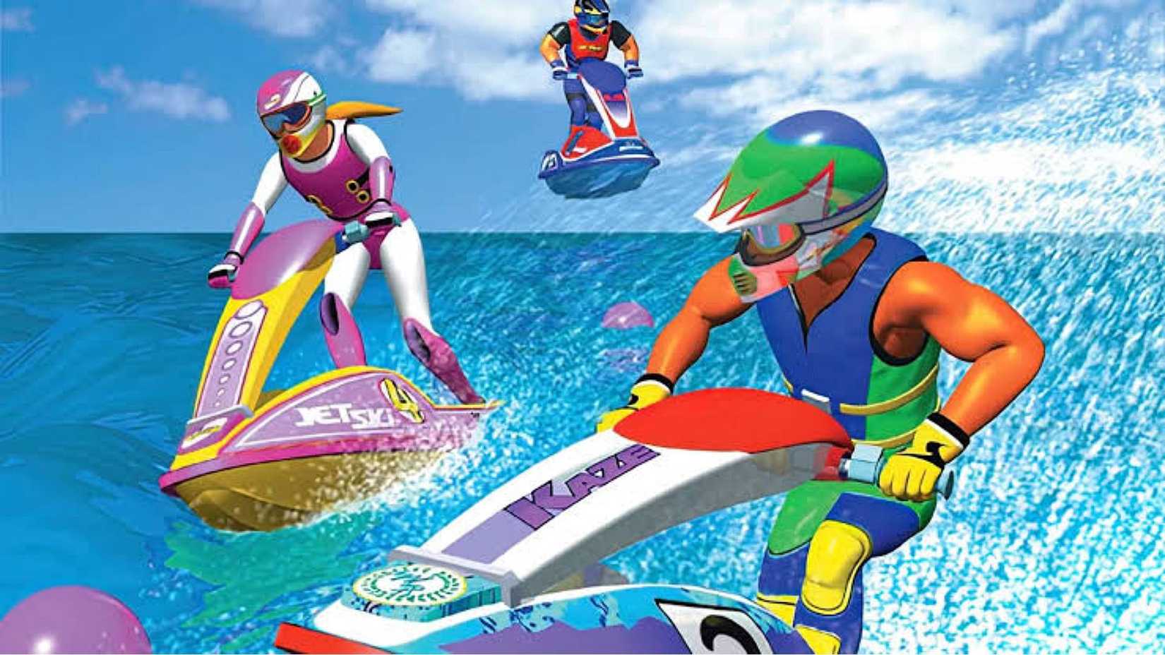 Several characters driving jet skis in Wave Race 64 key art.