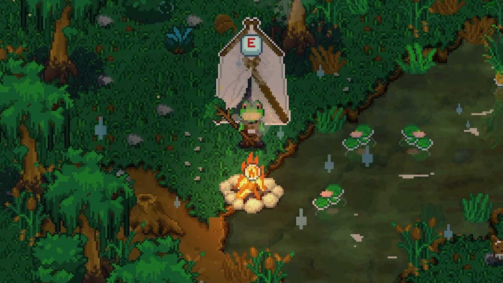 A frog outside of a tent next to a campfire in Wildaria.