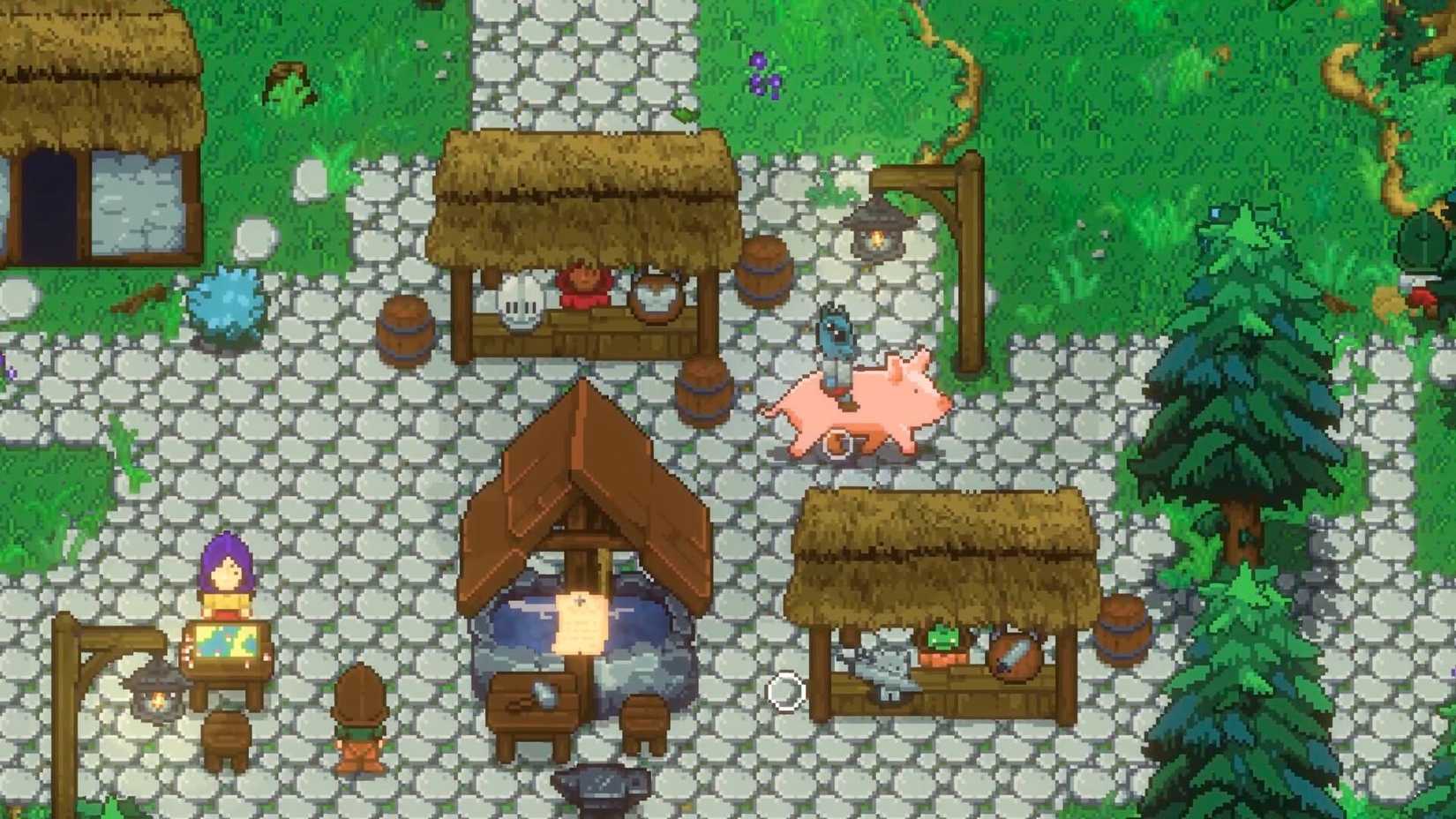 The player riding a pig through a city square in Wildaria.