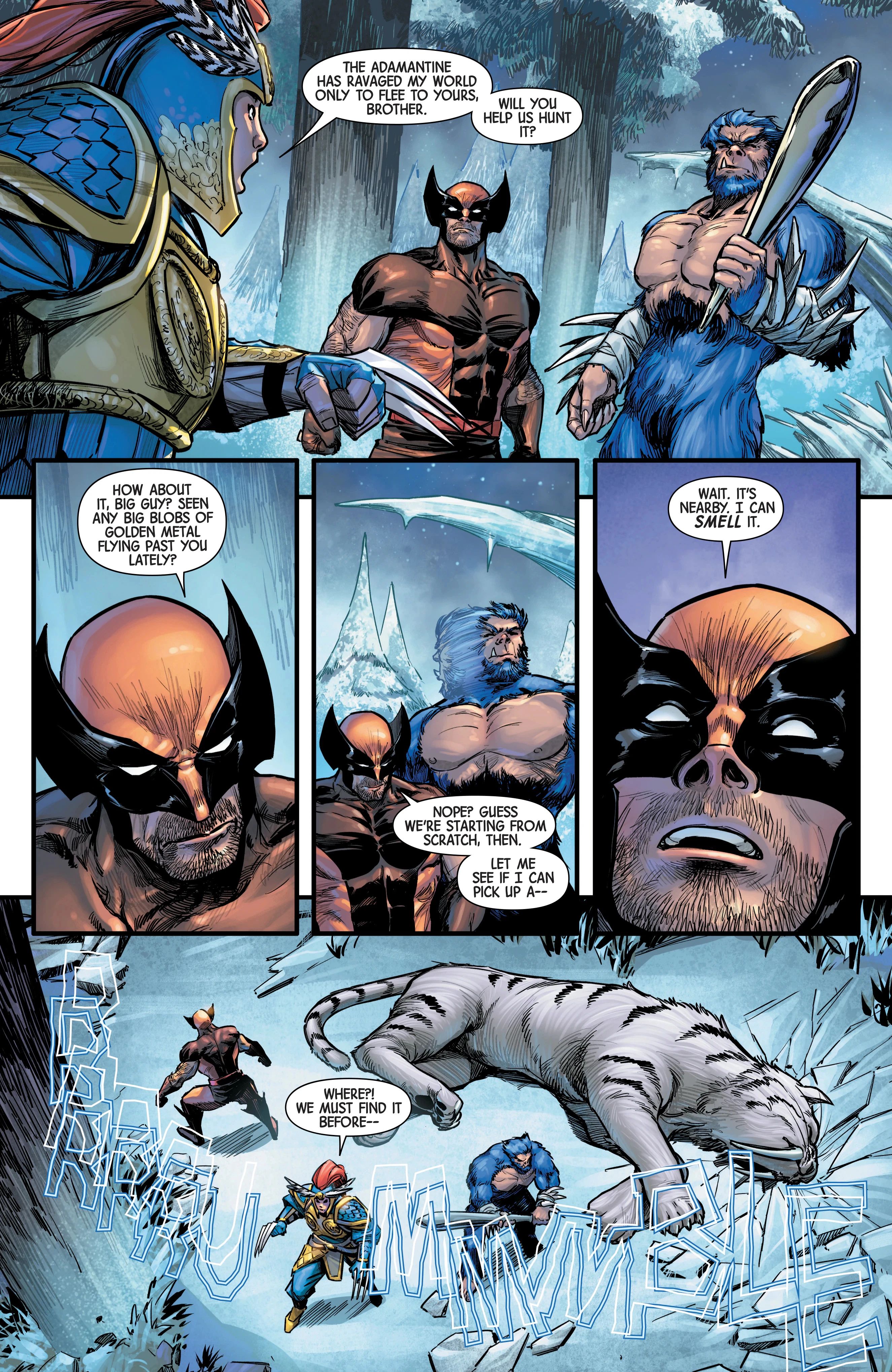 Wolverine and his adamantium siblings defeat a giant sabretooth tiger