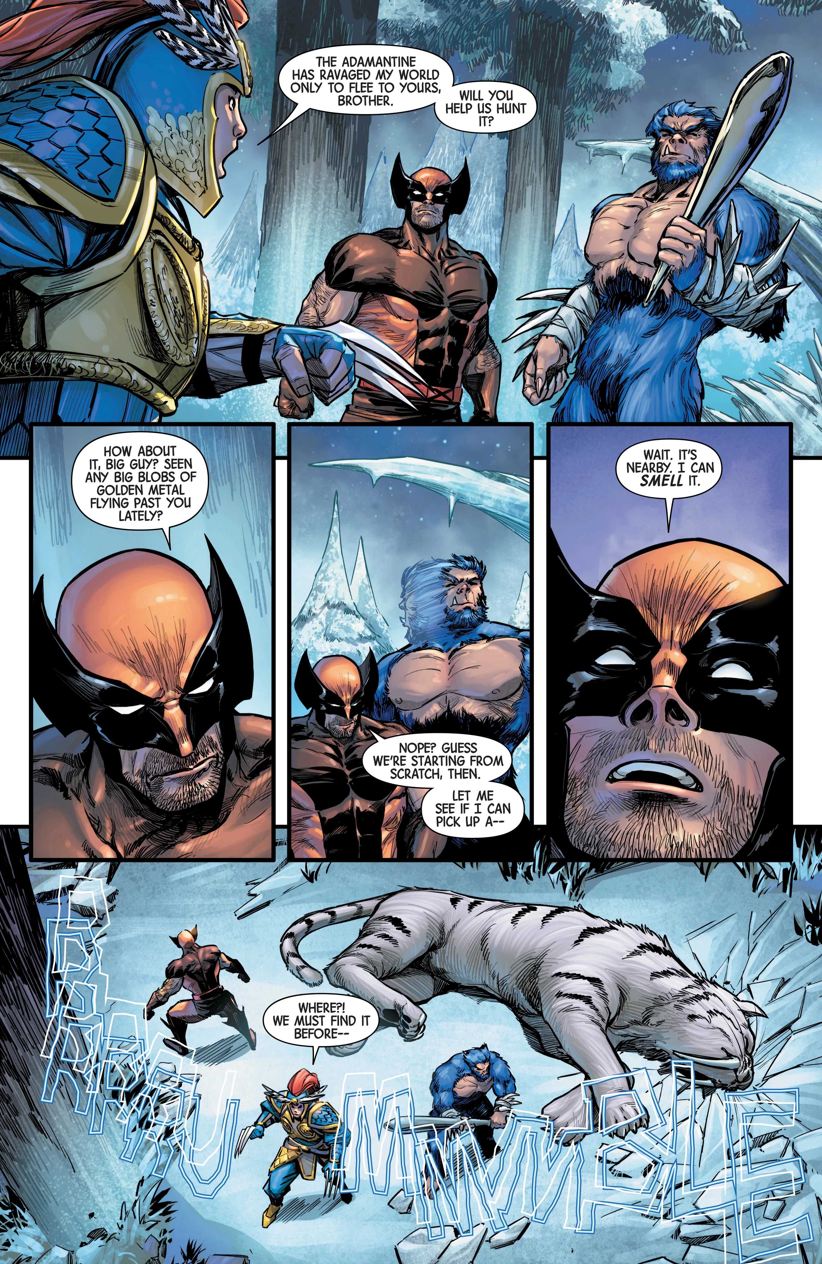 Wolverine and his adamantium siblings defeat a giant sabretooth tiger