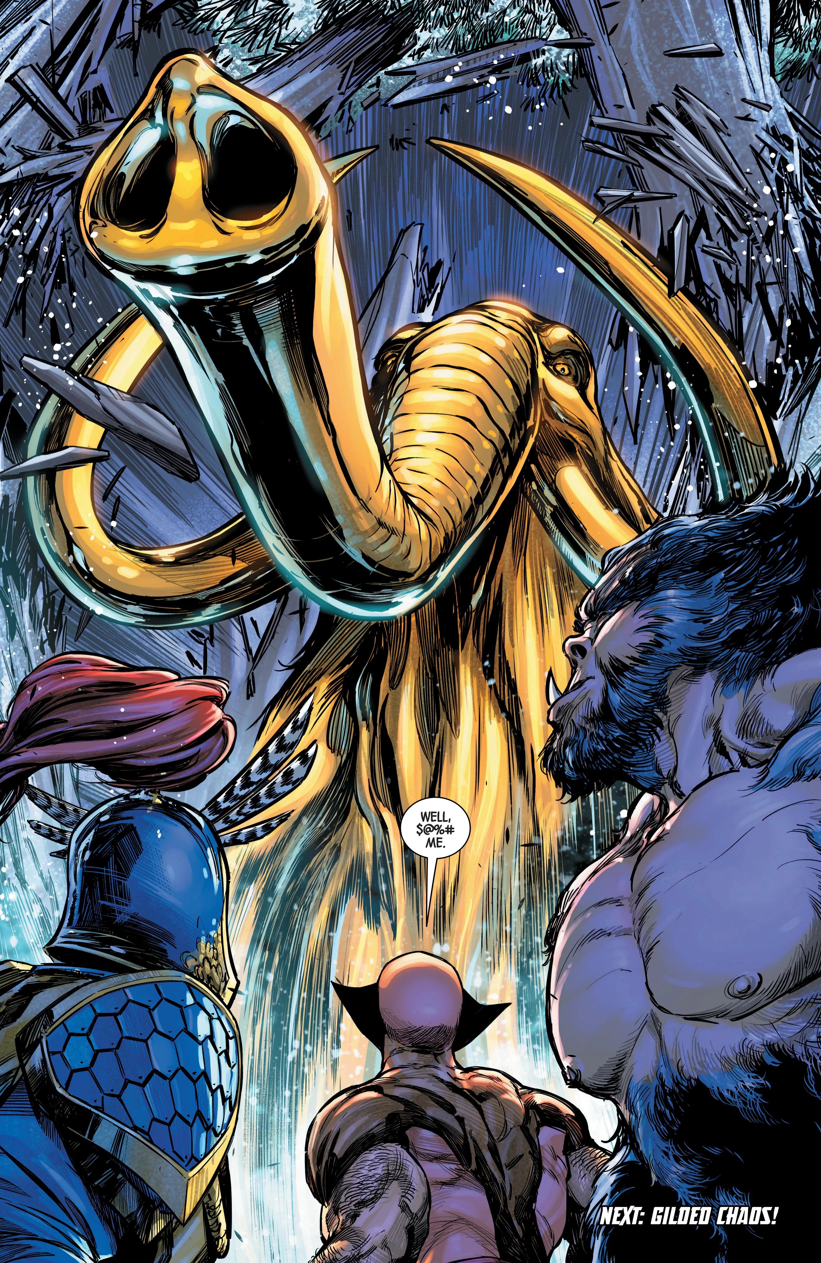 Wolverine and his adamantium siblings witness an adamantine mammoth arrive