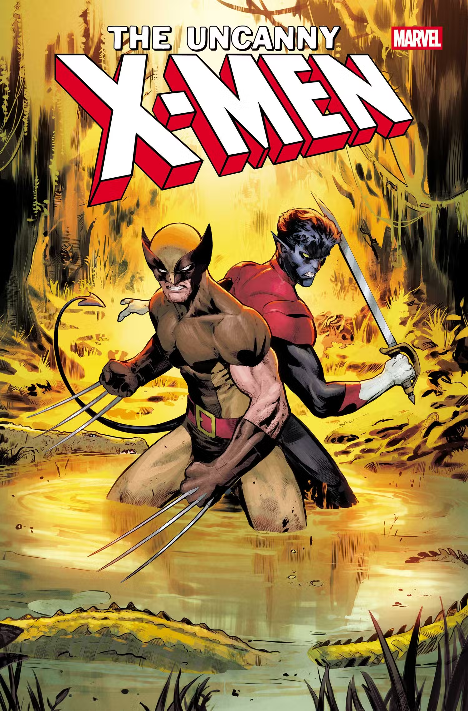 Wolverine and Nightcrawler fight in a swamp in The Uncanny X-Men #38 cover