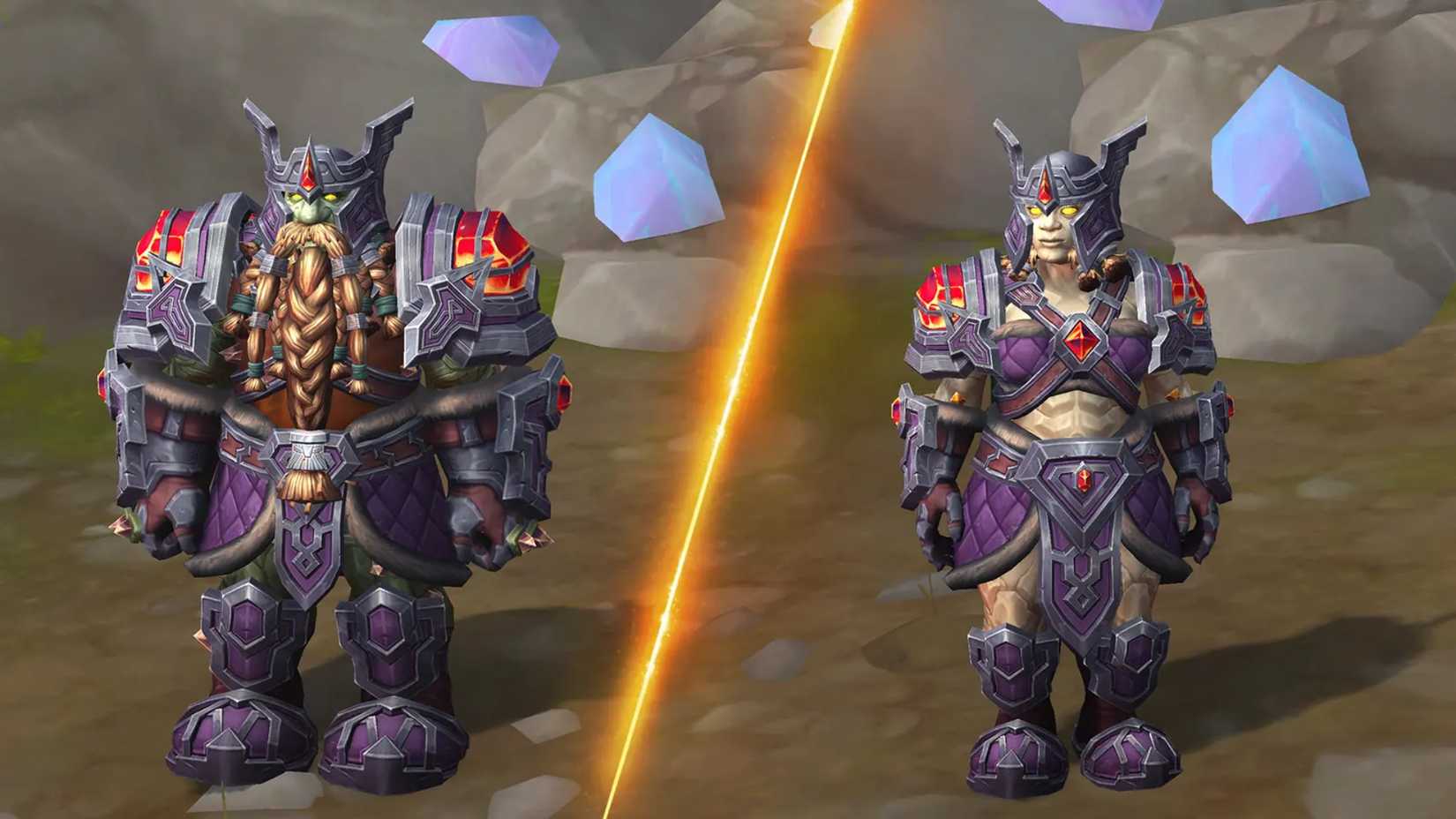 Two Horde Earthen from World of Warcraft showcase their Heritage Armor.