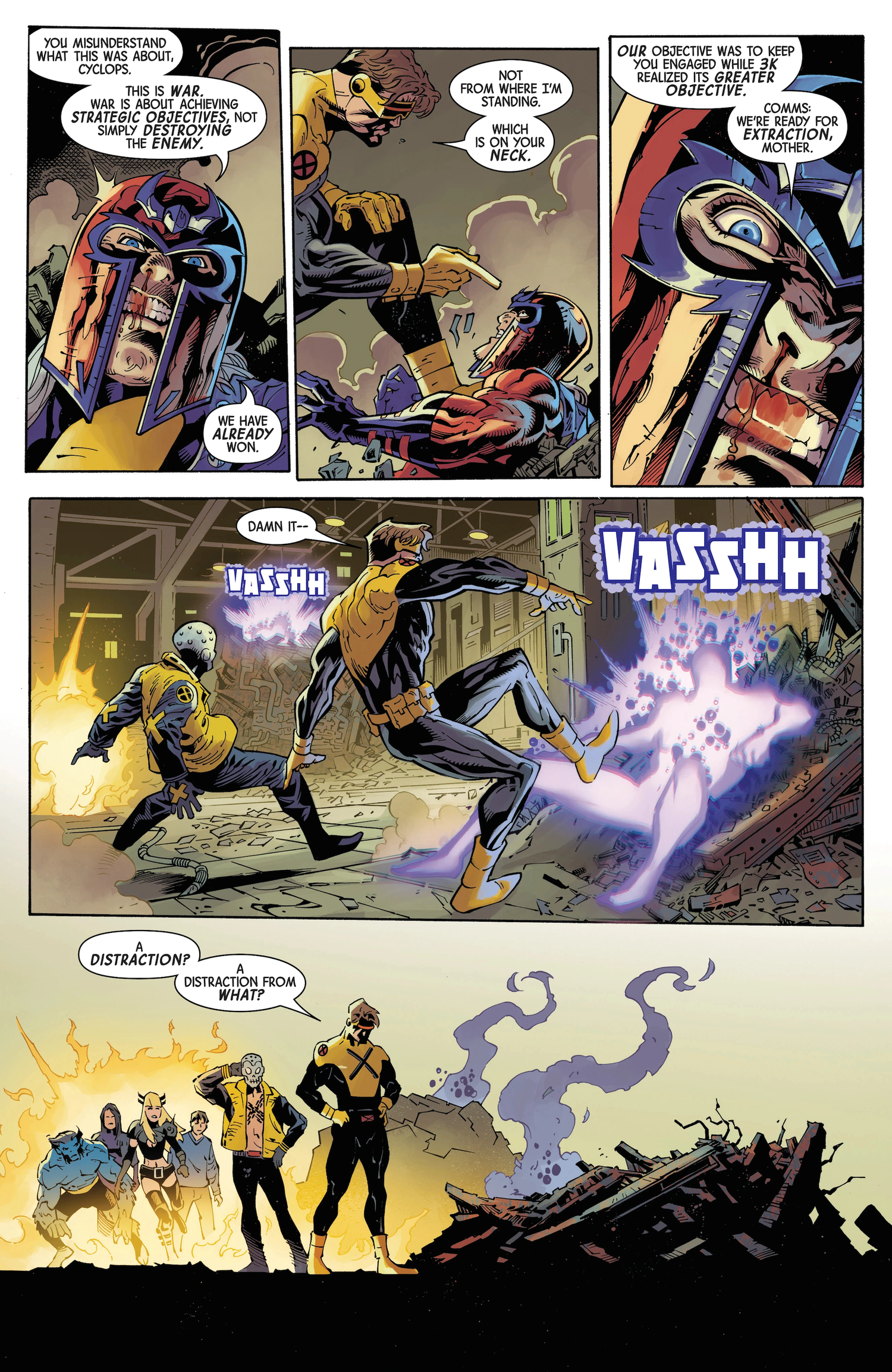 Panels of Cyclops beating Magneto clone Joseph, then Joseph teleporting away