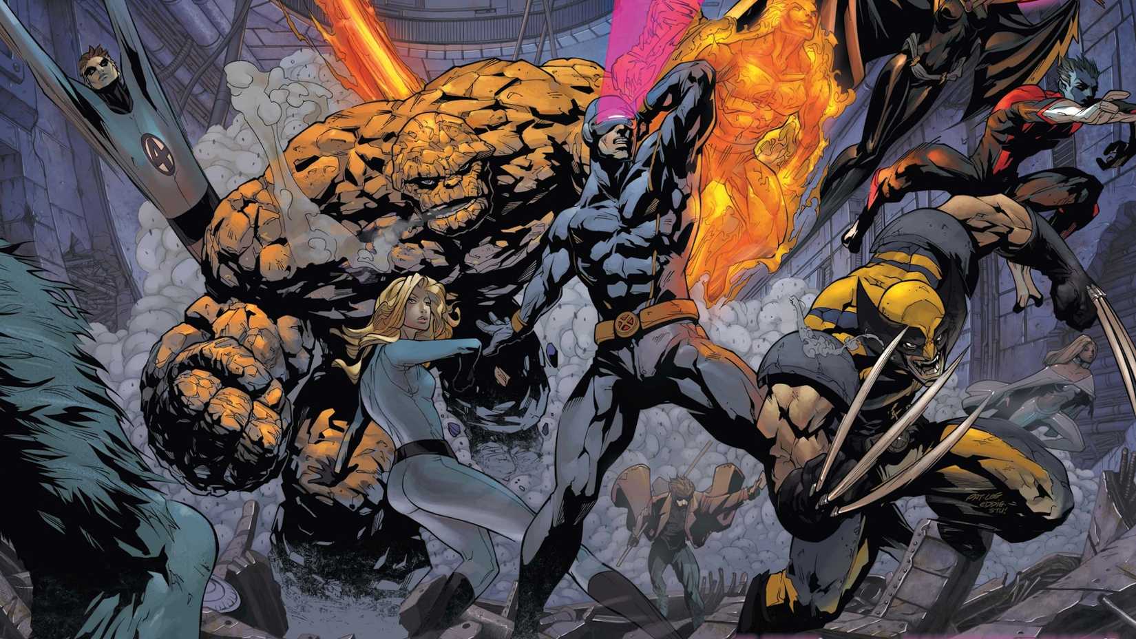 Mister Fantastic, Invisible Woman, The Thing, Human Torch, Wolverine, Cyclops, Storm, and Nightcrawler charging into battle